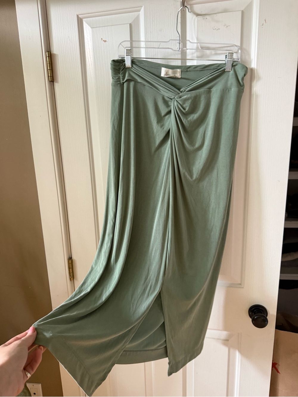 Anthropologie Junie Sage Green Twist Front Midi Skirt